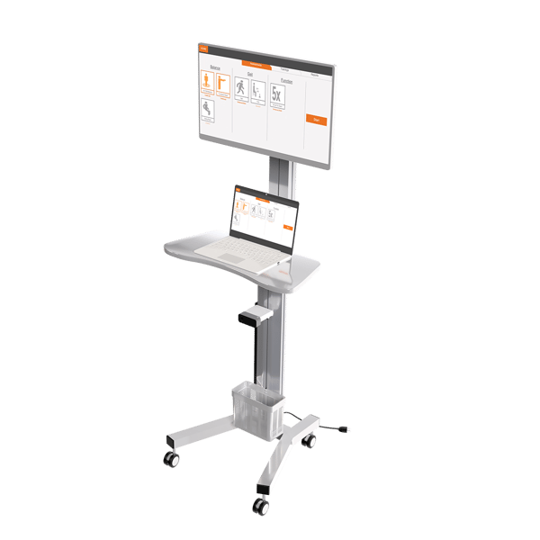 A metallic VSTBalance system with main tv screen, laptop on shelf, and white depth sensor. A metallic VSTBalance system with main tv screen, laptop on shelf, and white depth sensor.