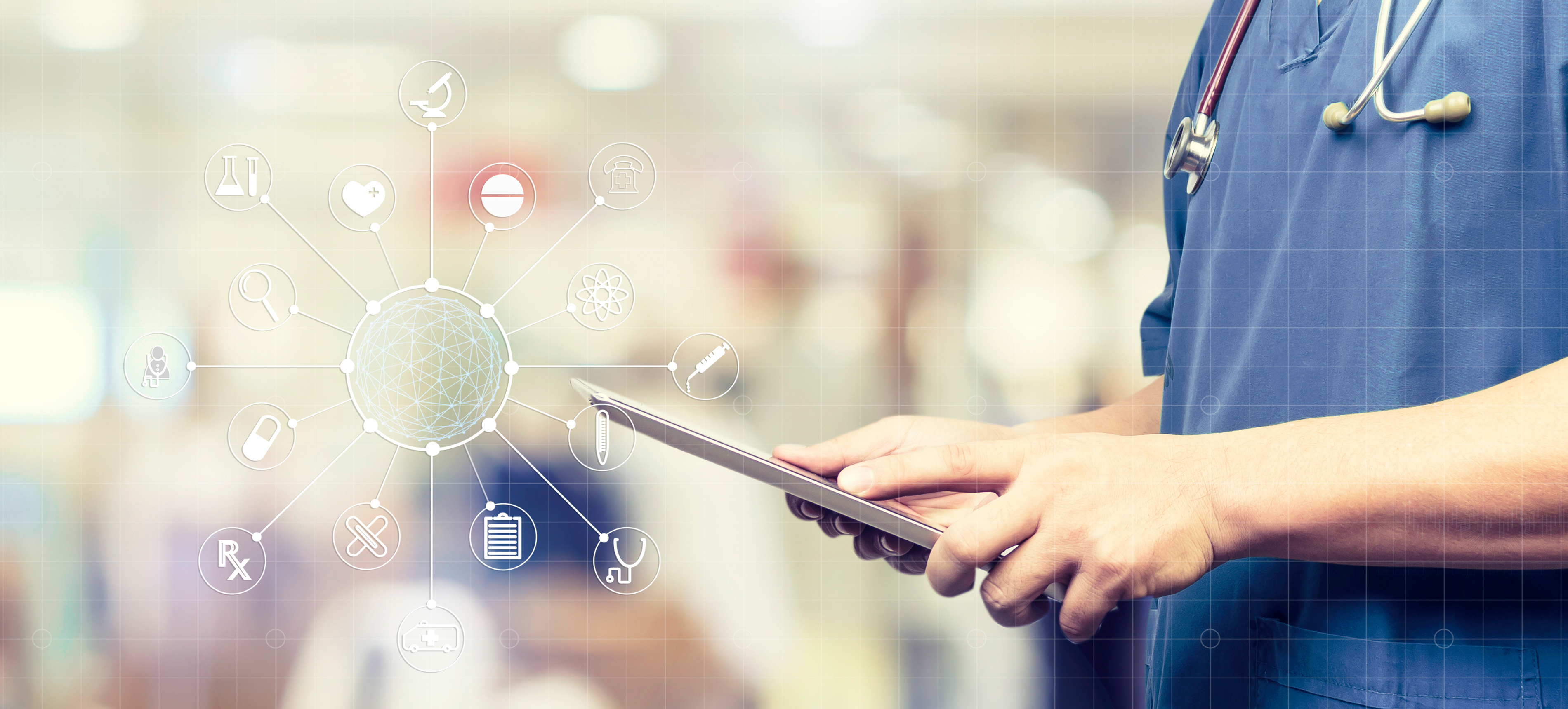 a nurse interacts with a tablet with an technology matrix overlay symbolizing AI