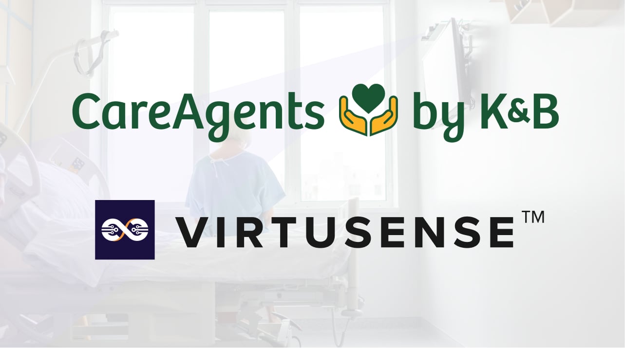The CareAgents by K&B Underwriters and VirtuSense Technologies logos placed over a woman sitting in a medical bed