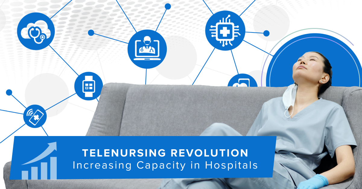 In the foreground a blue banner reading: Telenursing Revolution: Increasing Capacity in Hospitals. Midground an exhausted nurse sits on a gray couch. Background features blue icons showing how technology can work in the medical field.