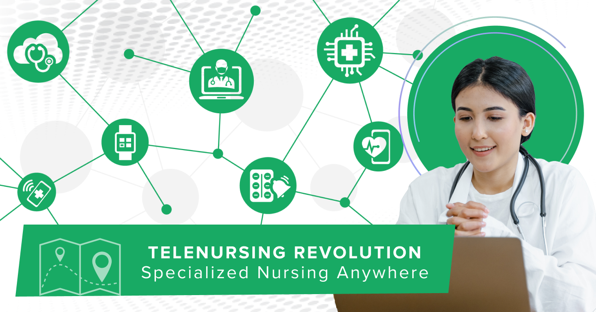 Green banner reading: Telenursing Revolution, Specialized Nursing Anywhere. A nurse sitting at a computer conducting a meeting, and a background of green and white icons showing technology in healthcare. 